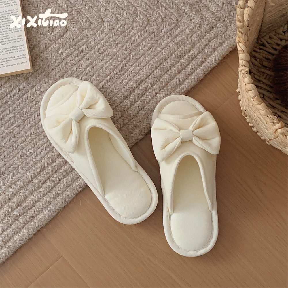 Thin striped, trendy bow-knot women's slippers for air-conditioned rooms, non-slip, sweat-absorbing, spring and summer Japanese style cotton and linen slippers.