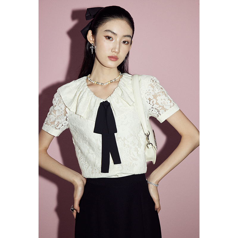 MandyZhang French design sense, белая кружевная маленькая рубашка, женская летняя темпераментная рубашка с оборками и серпантином с короткими рукавами