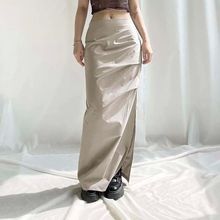 Vintage pleated slit long skirt     复古褶皱开叉半身长裙