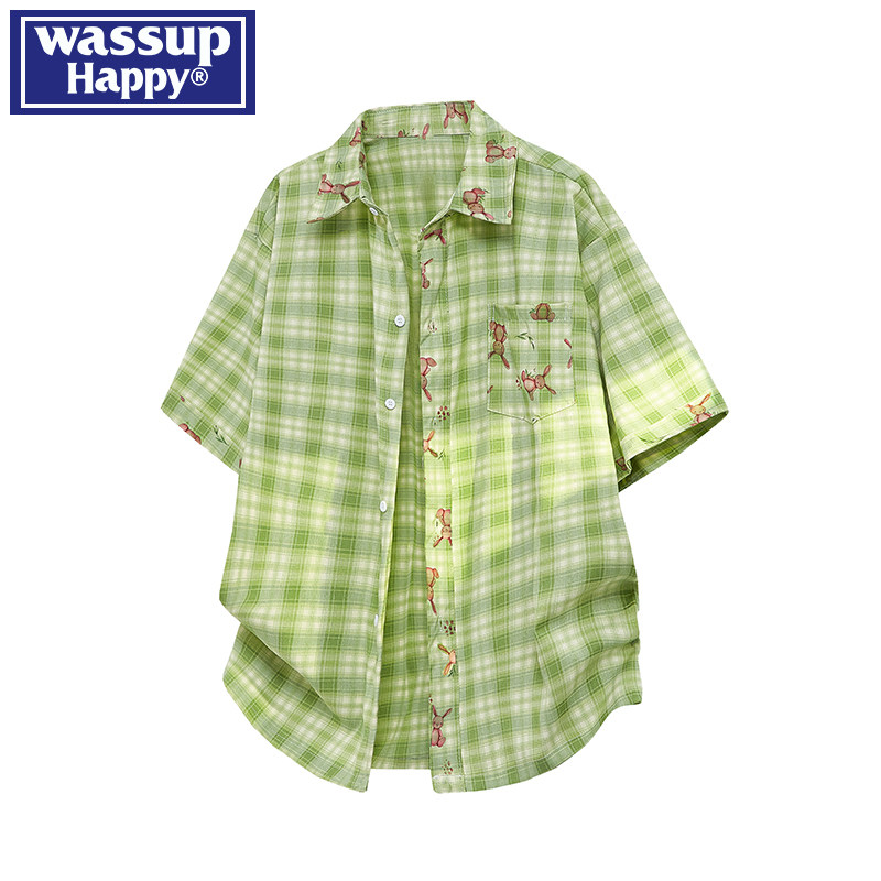 Wassup Happy American Plaid Short-Sleeve Shirt Men's Summer Thin College Style Loose Casual Printed Shirt