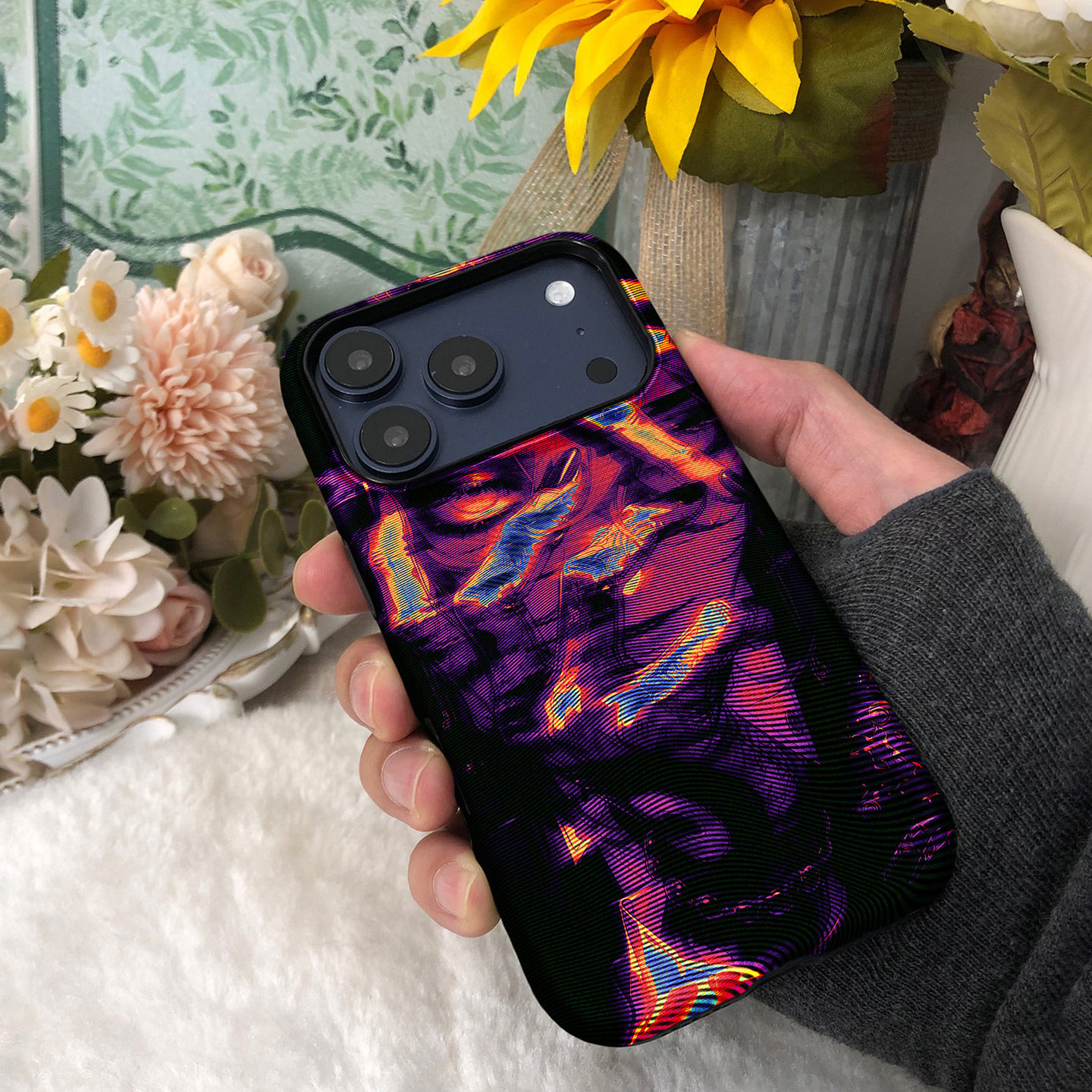 Cyberpunk Holographic Creative 2-in-1 Phone Case, Light Wave Film Soft Case, Suitable for Android iPhone 17, Fashionable iPhone 16 Pro Max, Qian Miaoli's Wallpaper House 15 Plus