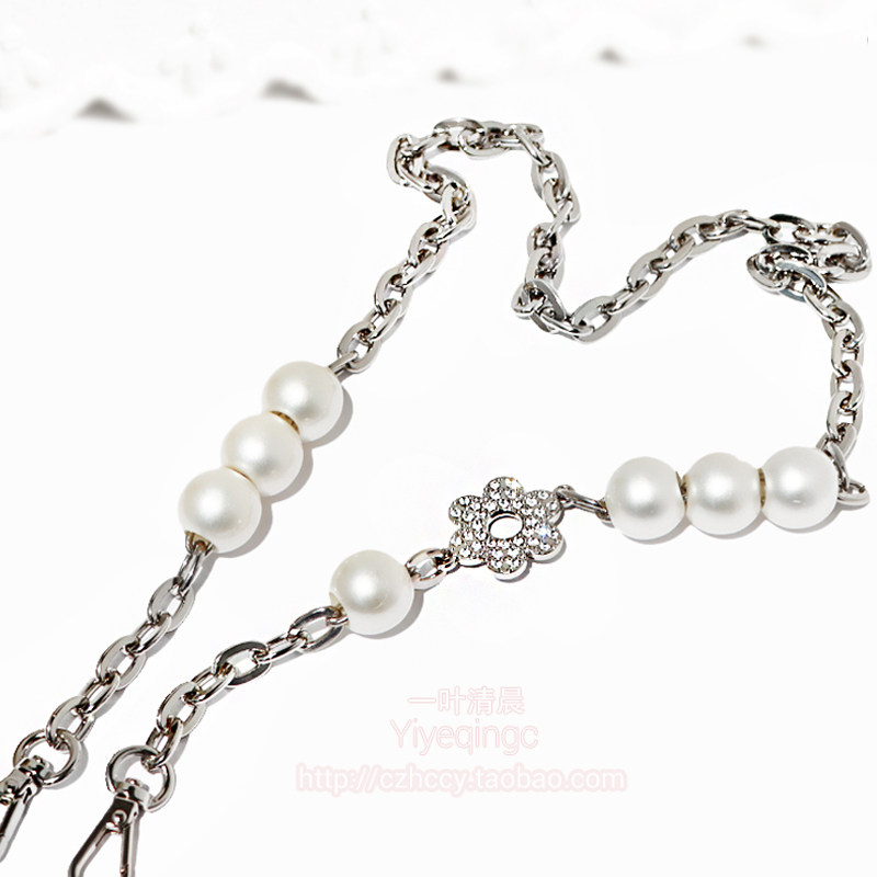 Silver pearl-encrusted rhinestone five-petal flower phone case chain fur bag with chain accessories metal bag chain handle