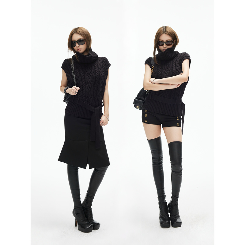 iamxiaa* Объемная водолазка с цветочным узором из конопли, сотканная толстой иглой, небольшой пояс с развевающимися рукавами, вязаный жилет-свитер, двухцветный вариант