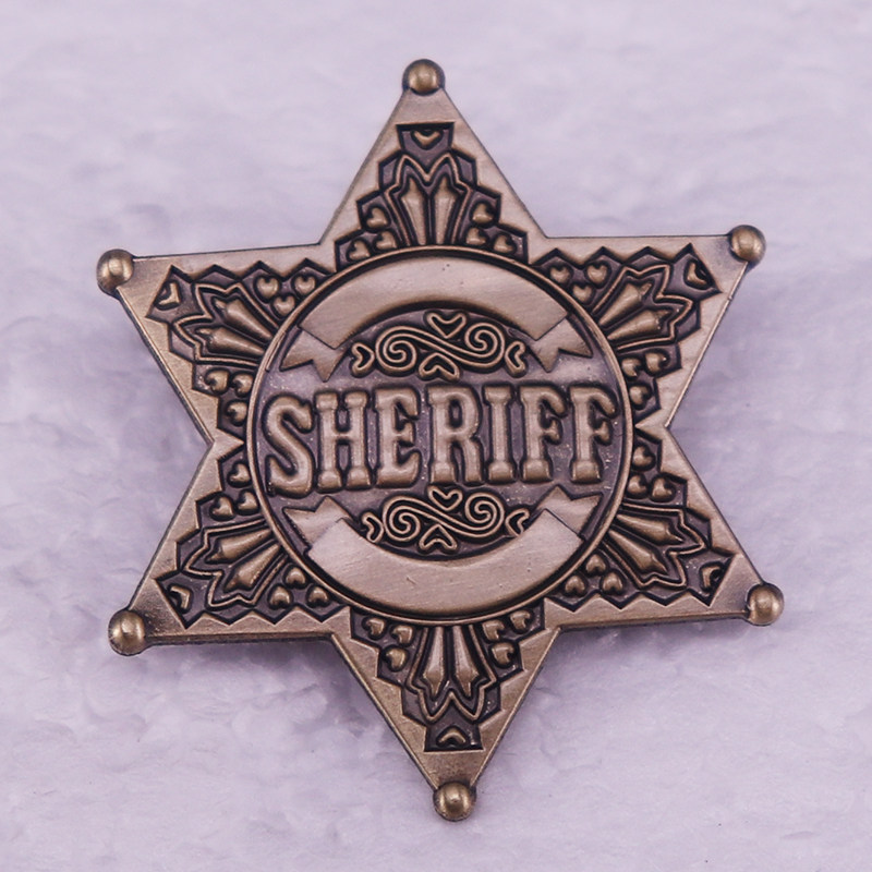 Sheriff badge, hexagonal star, Red Dead Redemption cowboy accessory, brooch, retro game.