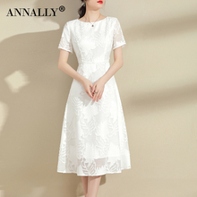 Annally 2024 Summer New Style Elegant Commuting Simple White Slim Fit Mid length A-line Dress for Women