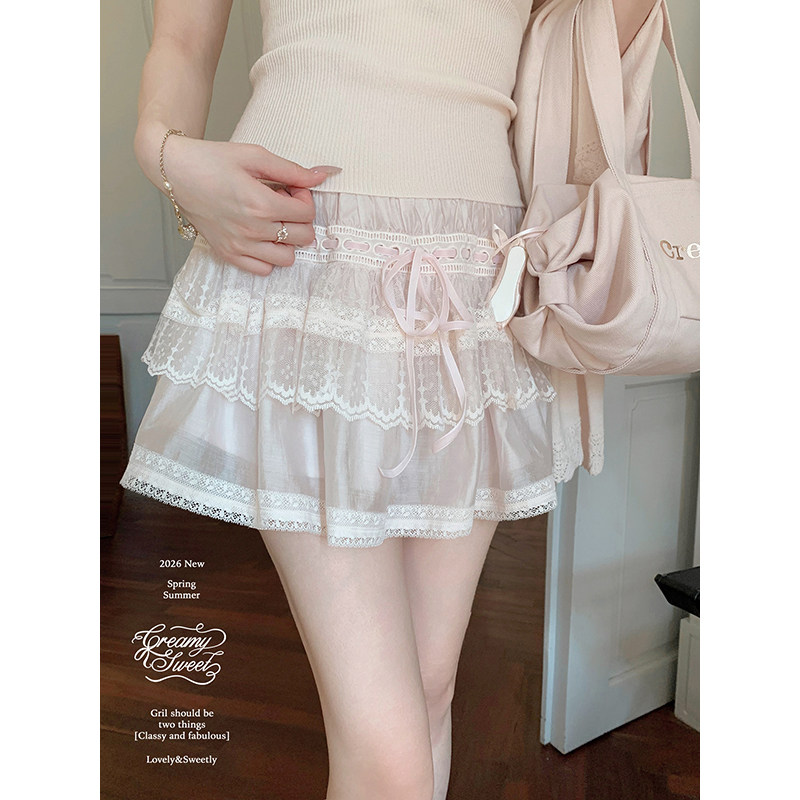 CreamySweet Pink Lace Cake Skirt, High-Waisted, Sweet Short Skirt with Ruffles, A-line Skirt