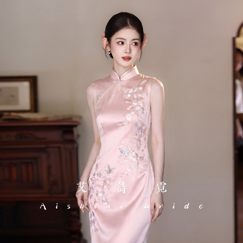 Новое розовое платье для помолвки в китайском стиле "Бабочка мечты" cheongsam с завышенной талией, платье для тостов, создающее атмосферу высокого класса, ежедневно может быть проколото и вышито