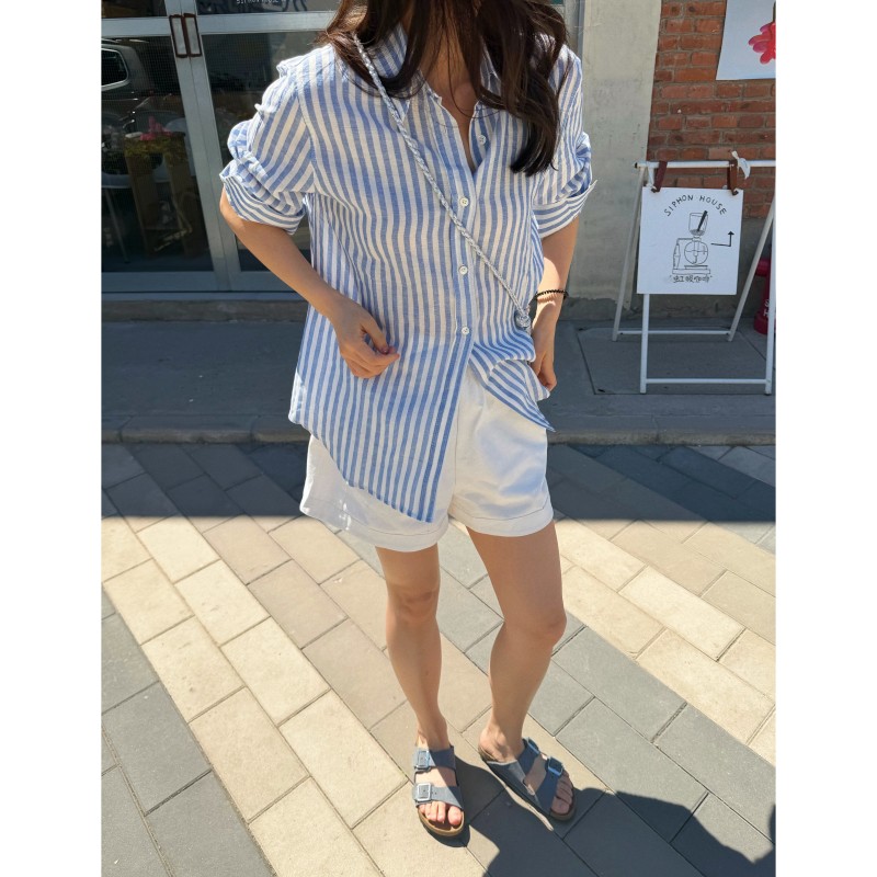 【5/6 New】ACRAB Classic Blue and White Striped Shirt, Relaxed Style, Loose Linen Long-Sleeved Thin Top