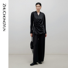 天猫臻选ZHUCHONGYUN24夏新款黑色经典新中式斜门襟系带衬衫