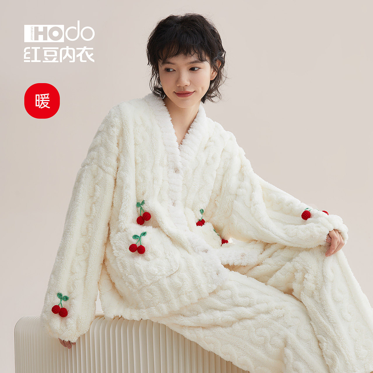 Hongbean Womens Cherry Coral Velvet Pajama Set