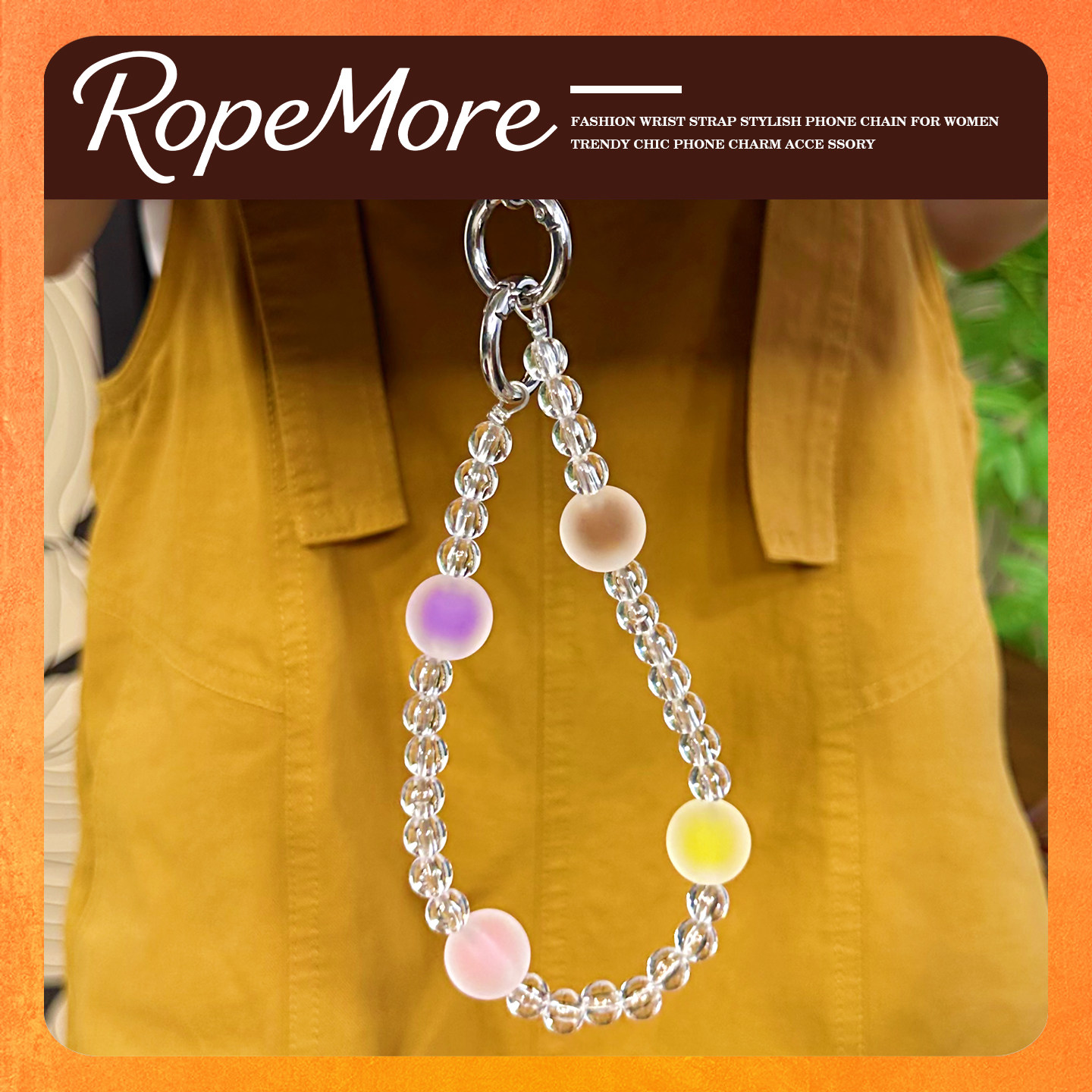RopeMore Neon Frosted Beaded Mobile Phone Crossbody Chain, Silver Bead Handbag Chain, Purple Bead Crossbody Chain, Transparent Beads