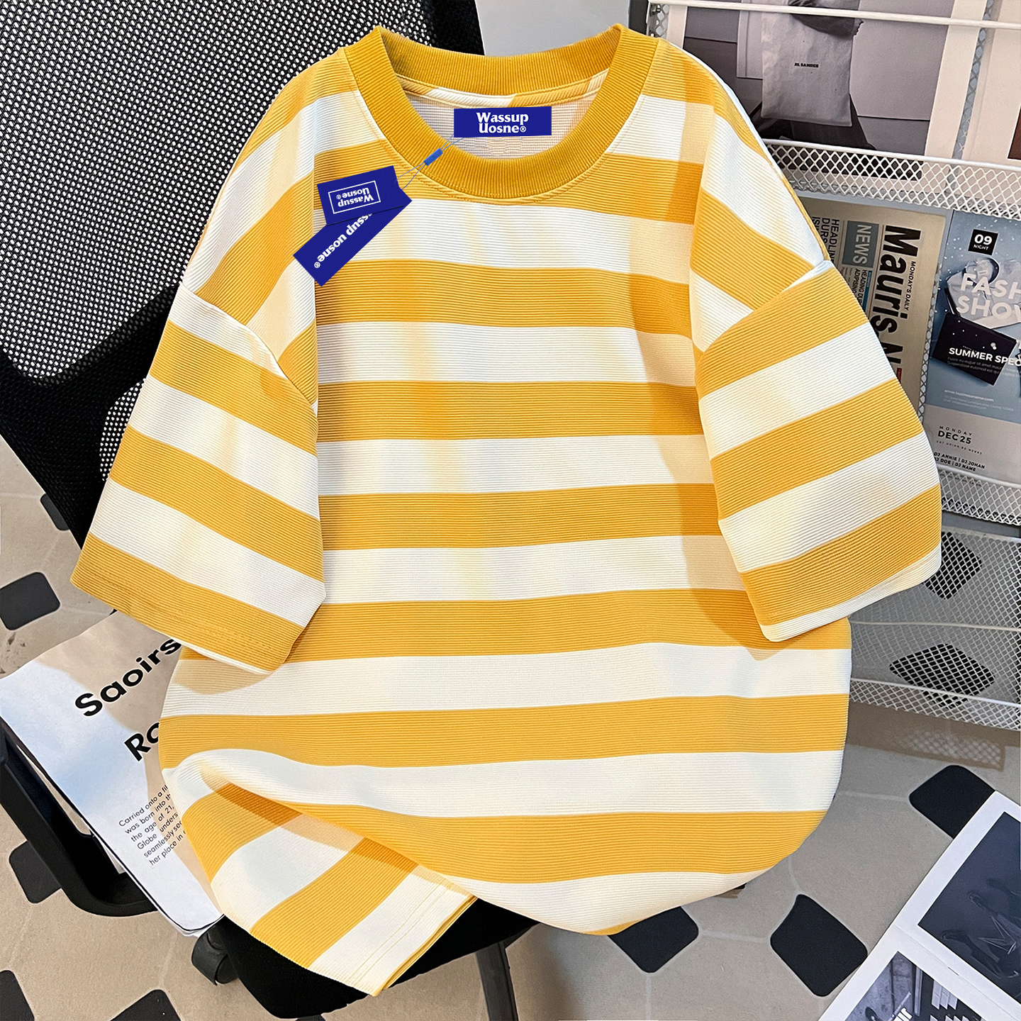 Бренд WASSUP national tide, ретро футболка в полоску с короткими рукавами, мужская летняя новинка 2025 года, оверсайз, повседневный топ для пары