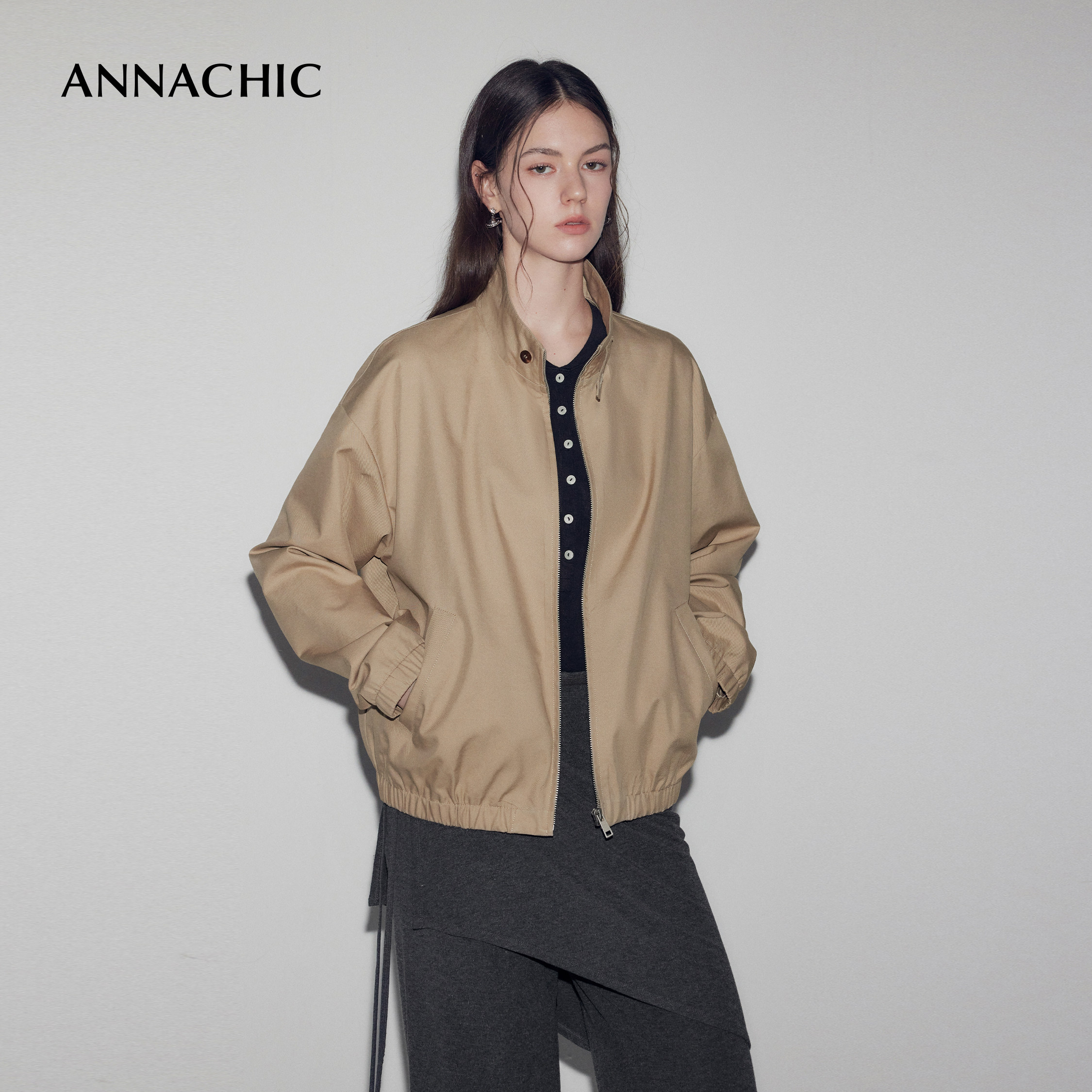 ANNACHIC - это модно и легко носить. винтажная короткая куртка Harrington с воротником-стойкой/повседневная короткая хлопчатобумажная куртка tooling