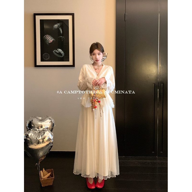 LUU Peach Joy / White Mesh Elegant Faux Two-Piece Long-Sleeved Dress for Women, Spring and Autumn Vacation Loose Long Dress