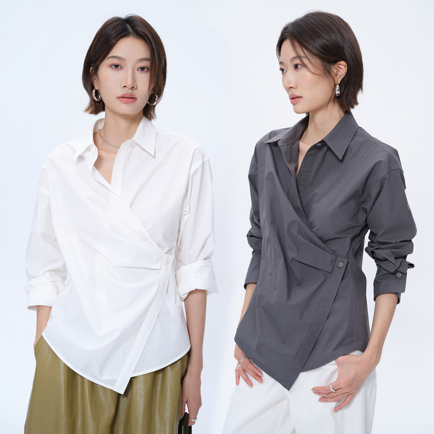 CEMO 100% Long Staple Cotton Asymmetrical Deconstructed Long-Sleeve Wrap Shirt