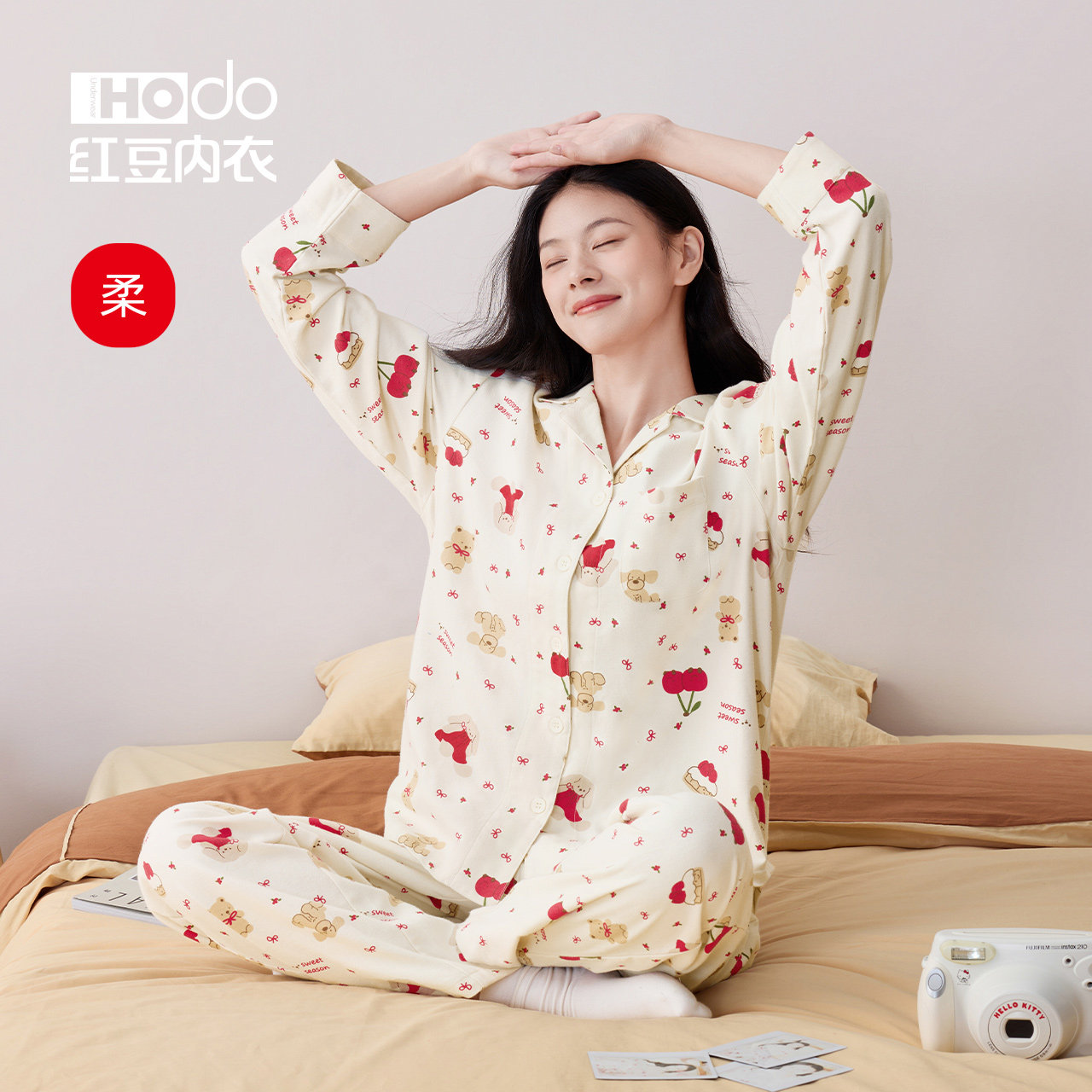 Womens Pure Cotton Pajamas Red Bean Cute Print Home Clothes