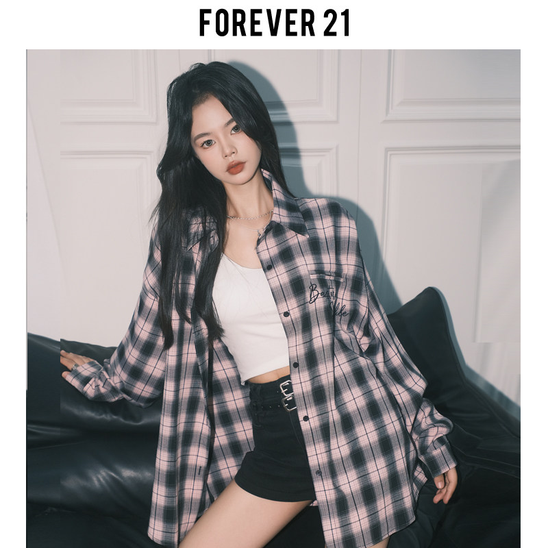 Forever21 Korean Style Loose Casual Long-Sleeved Top for Women, Spring Niche Sweet and Spicy Black and Pink Plaid Embroidered Shirt