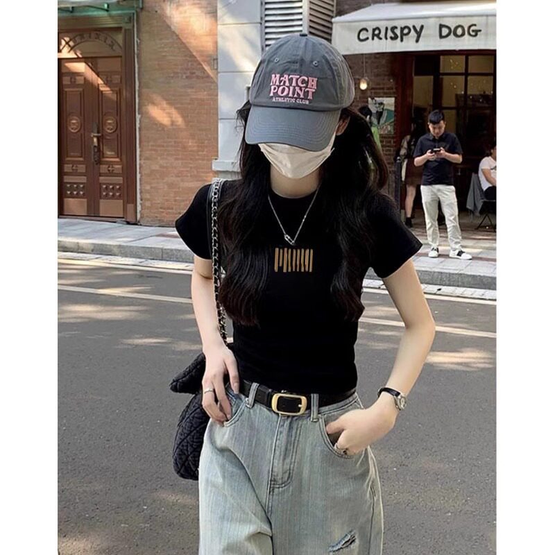 Black front shoulder pure cotton short-sleeved T-shirt for women 2025 new summer hot girl outfit slim short top trendy