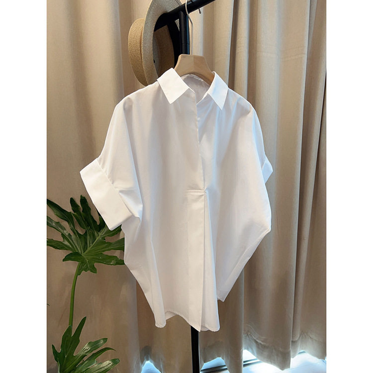 Shenzhen Nanyou Women's Clothing ~ Channel Goods ~ Loose Short Batwing Sleeve Drop Shoulder White Shirt with Turned-Up Cuffs