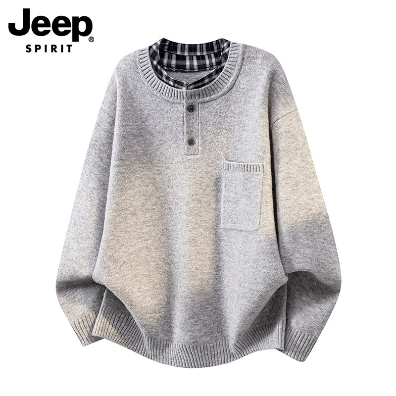 JEEP SPIRIT поддельный шерстяной свитер из двух частей, мужской осенний повседневный свитер с круглым вырезом и строчкой, пуловер