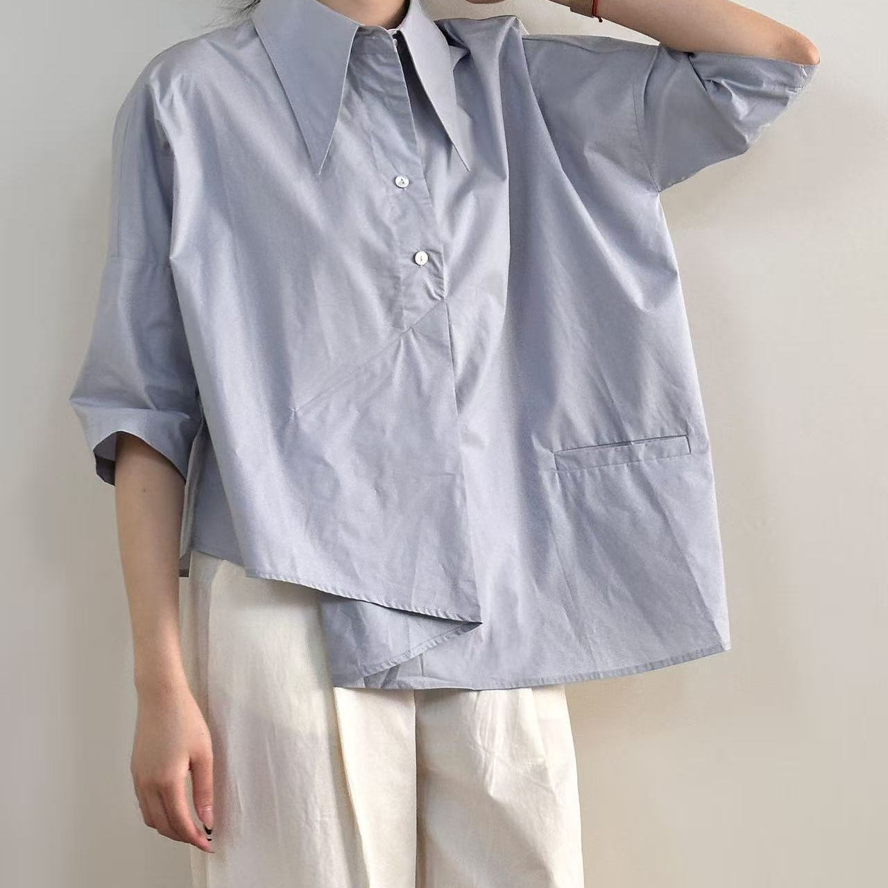 Koliman Summer Swallowtail Collar Irregular Shirt Pure Cotton Niche Thin Top for Women