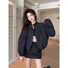 Black standing collar assault jacket for women's summer loose casual small stature design with drawstring jacket and sun protection top
