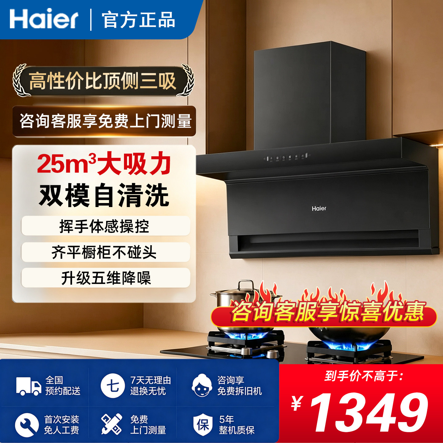 Большая кухонная вытяжка Haier EC723 с тремя отсасывателями на верхней стороне...