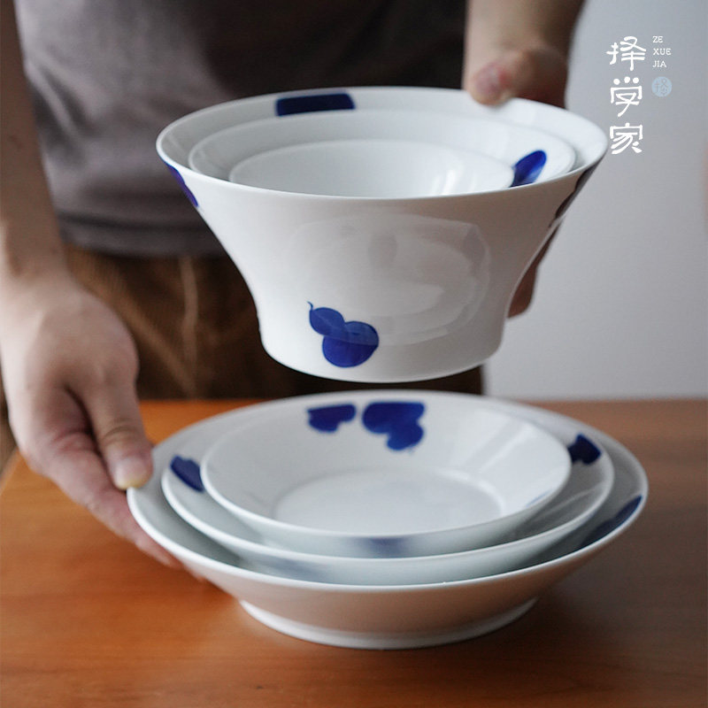 Выберите из набора посуды Fulu Jingdezhen Бытовая фарфоровая миска с голубой и белой глазурью, керамическая миска для риса, тарелка, посуда на Новоселье