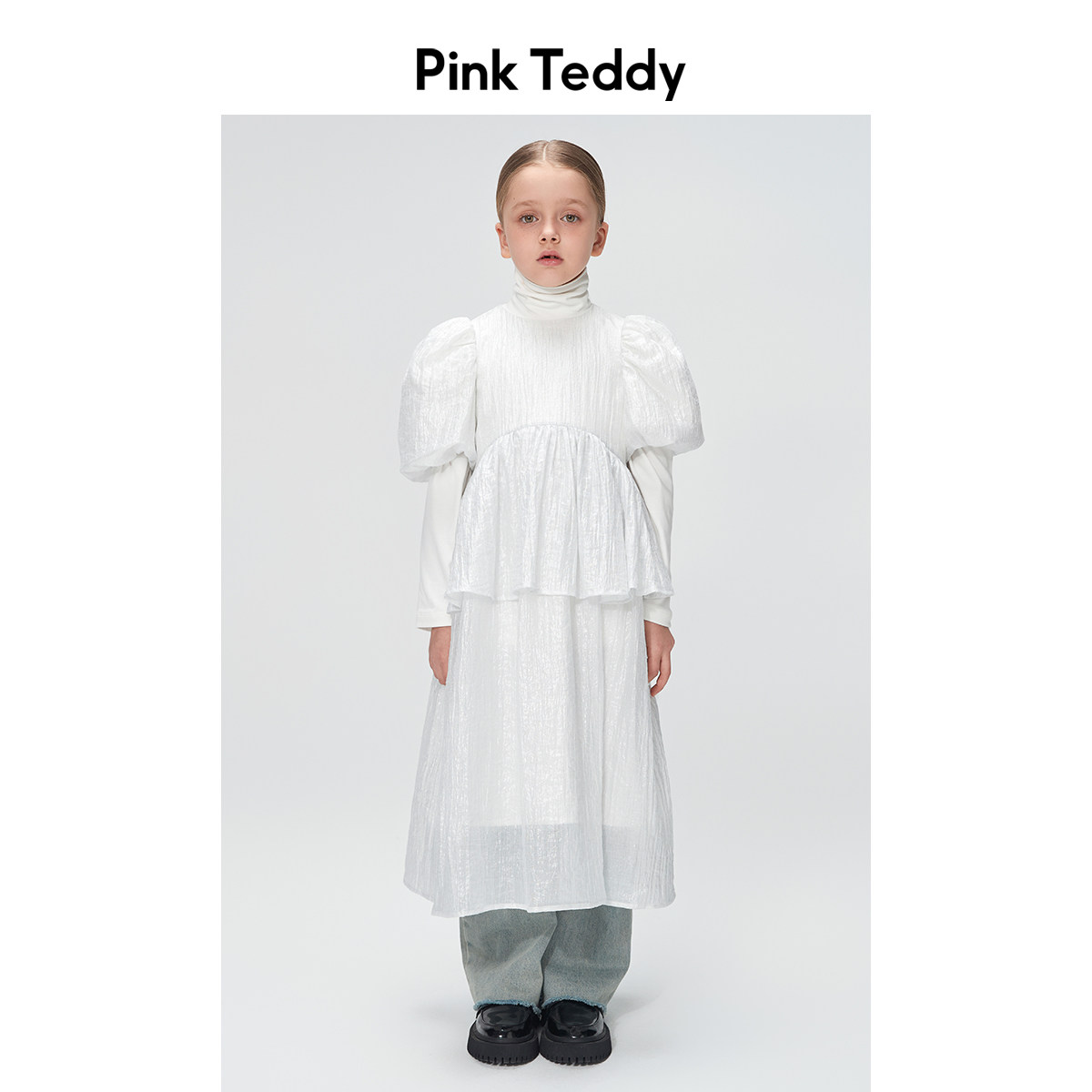 PinkTeddy/ детская одежда; платье с короткими рукавами для девочек; новинка лета; детская плиссированная текстура; длинная юбка с пышными рукавами