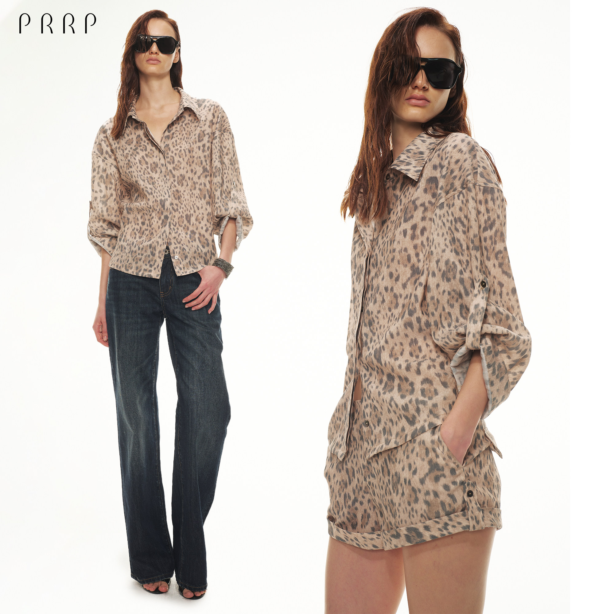 PRRP Tencel Linen Chic Leopard Print Shirt Set with Mid-Sleeves, Slim Fit, and Low-Rise Shorts