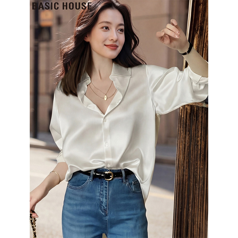 Basic House/百家好 White Satin Long-Sleeve Shirt, Women's Commuter Professional Shirt, 2026 Autumn New Arrival
