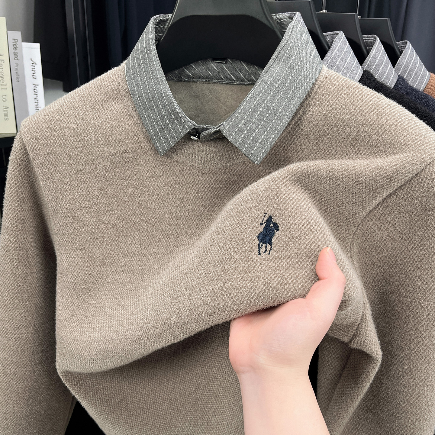 Воротник рубашки, поддельный свитер из двух частей, мужской плюс бархатный утолщенный зимний цельный бархатный теплый вязаный низ, мужская рубашка, 2025 новый стиль