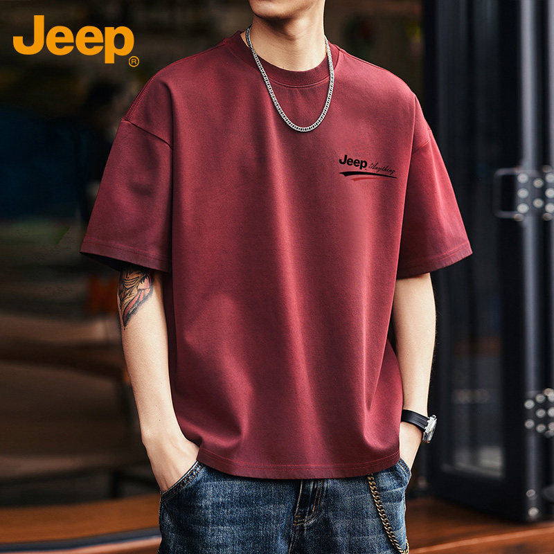 Летняя футболка Jeep Jeep с короткими рукавами из чистого хлопка, мужская свободная повседневная футболка с круглым вырезом, новый бордовый топ для мужчин