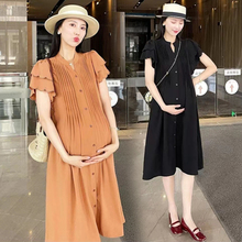 Pregnant woman V-neck short sleeved pleated loose slimming dress