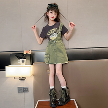 High quality summer short sleeved denim strap skirt two-piece set