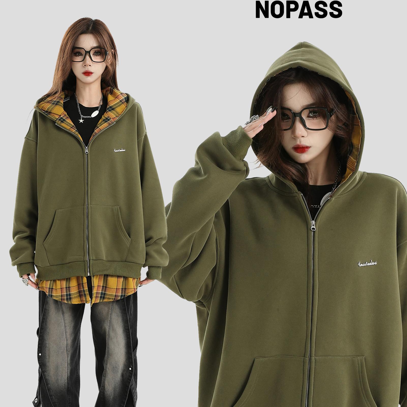 Пара брендов NOPASS national tide, оригинальный американский поддельный клетчатый свитер из двух частей, свободный плюс бархатный жакет-кардиган