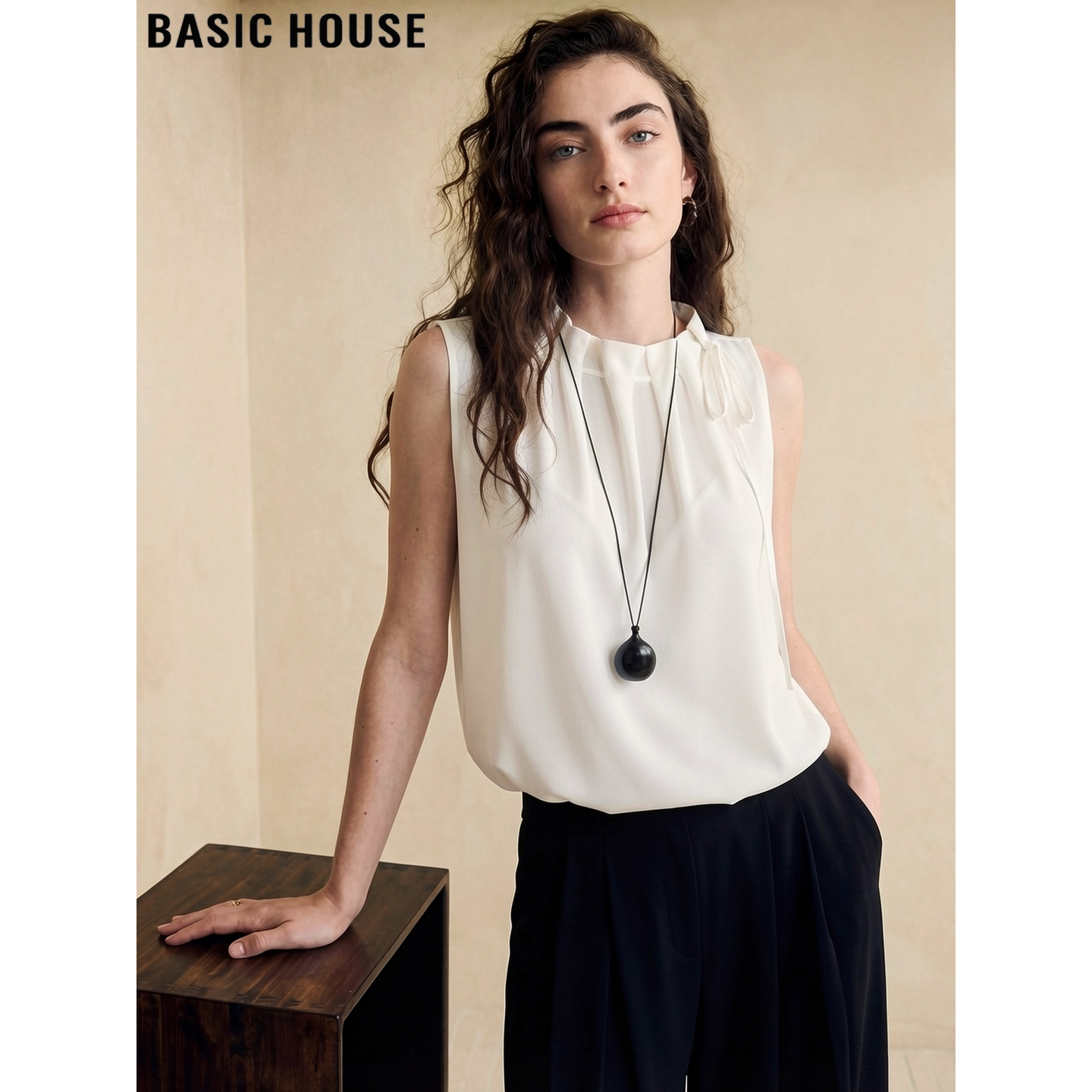 Basic House/Baijia/Хорошая белая шифоновая рубашка без рукавов, женская зимняя рубашка со стоячим воротником и шнуровкой с деревянными ушками