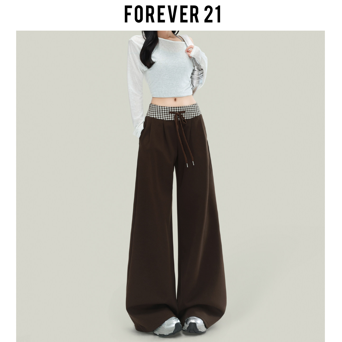 Forever 21 коричневые свободные повседневные спортивные брюки в американском стиле в стиле ретро, женские широкие брюки с высокой талией, сшитые Майяром
