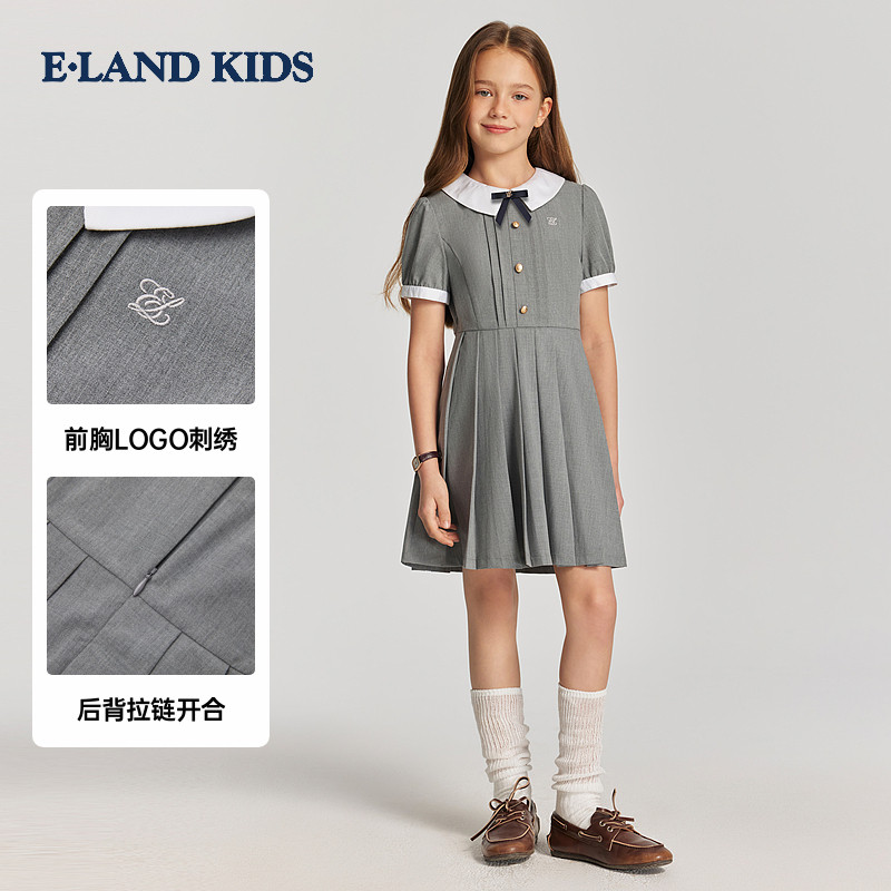eland kids clothing/ детская одежда от eland/ платье для девочек; сезон лето-26; новинка; милая плиссированная юбка с отворотом в студенческом стиле