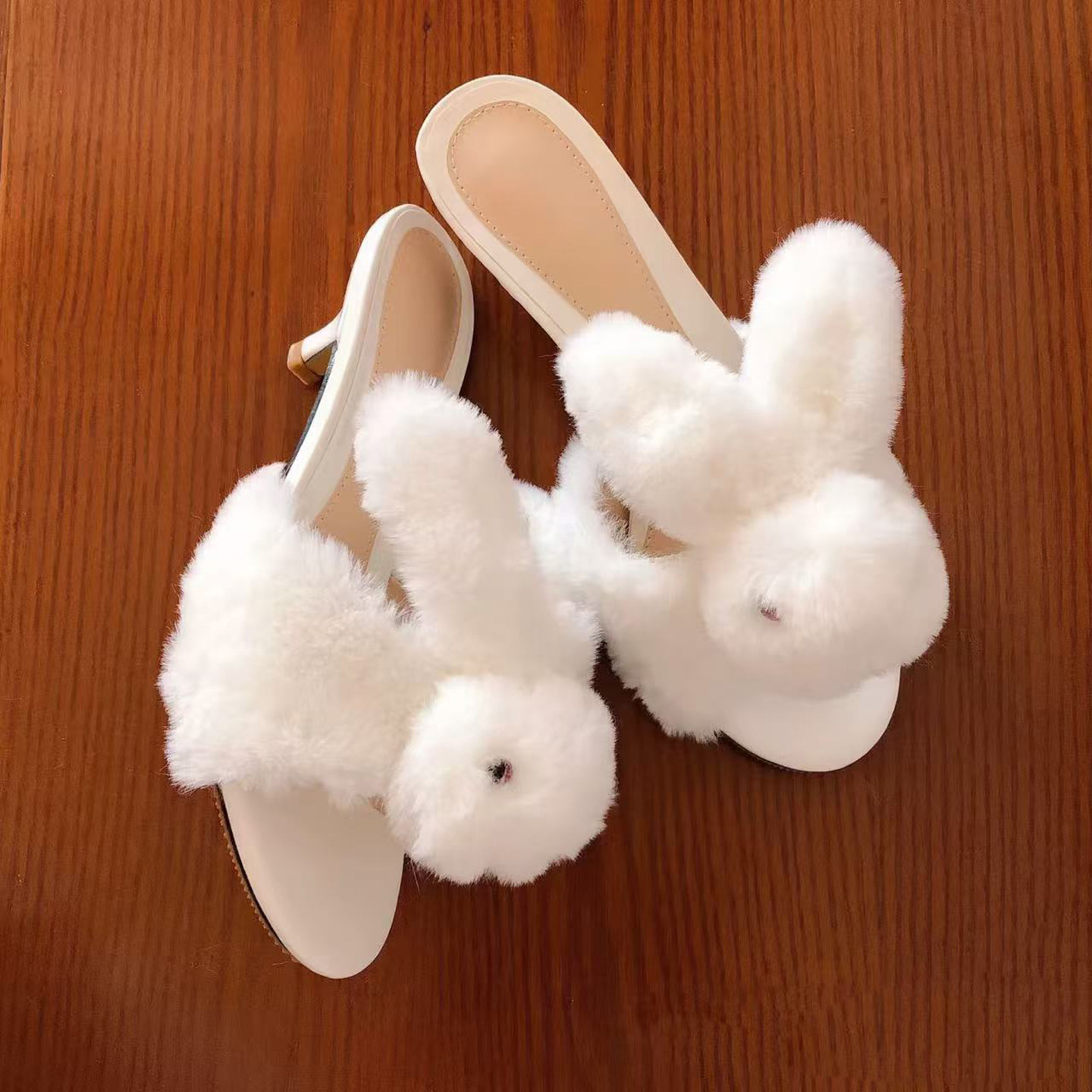 2026 Autumn/Winter New Arrival: Rabbit Head Furry Slingback Sandals for Women, High-Heeled, Plush Slippers, High-End Furry Shoes