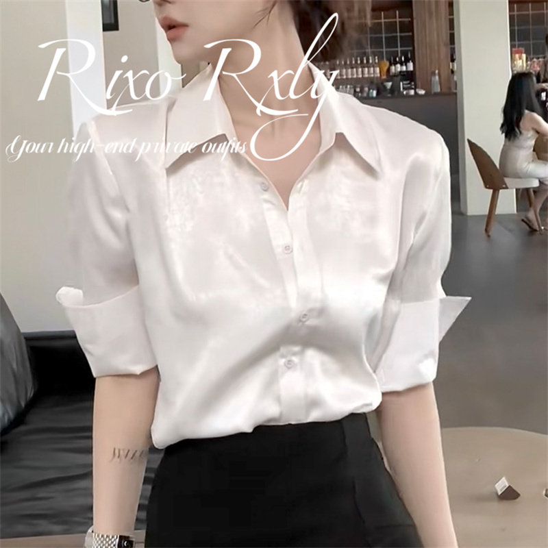 RIXO RXLY White Acetate Satin Collared Shirt for Women, Spring/Summer, Niche Design, Slim Fit, Flattering