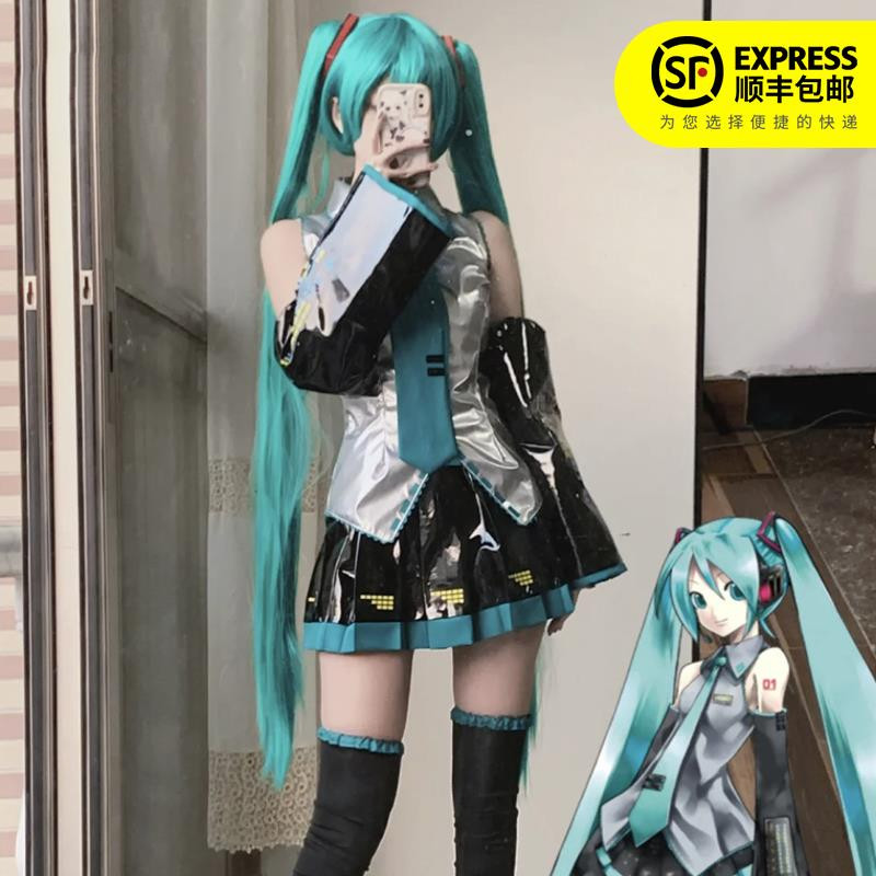 Хацунэ Мику парик cos костюм MIKU formula костюм японской девушки аниме серебро лакированная кожа JK женский косплей