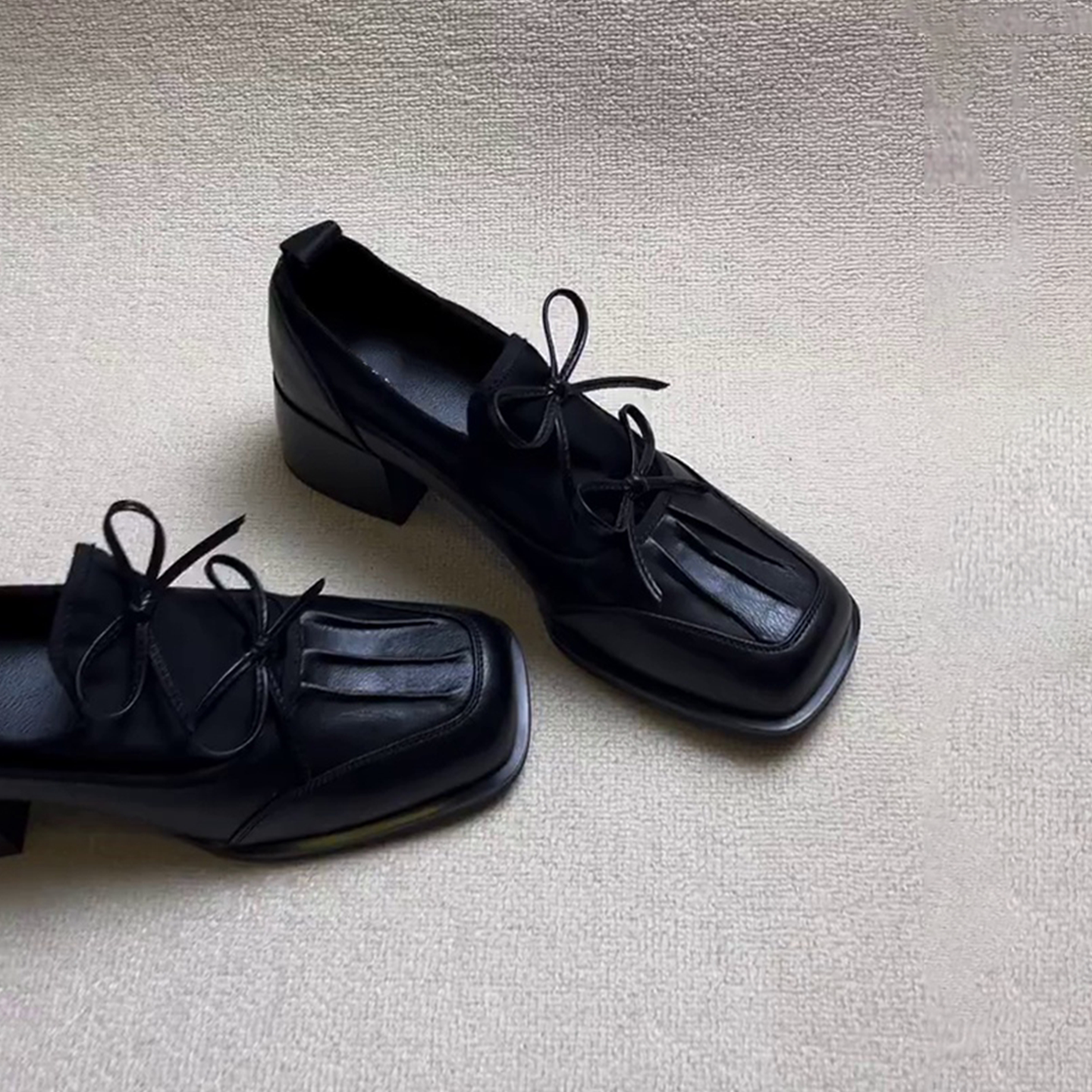 Lambskin version ~ Square toe Mary Jane chunky heel preppy style platform loafers with bow
