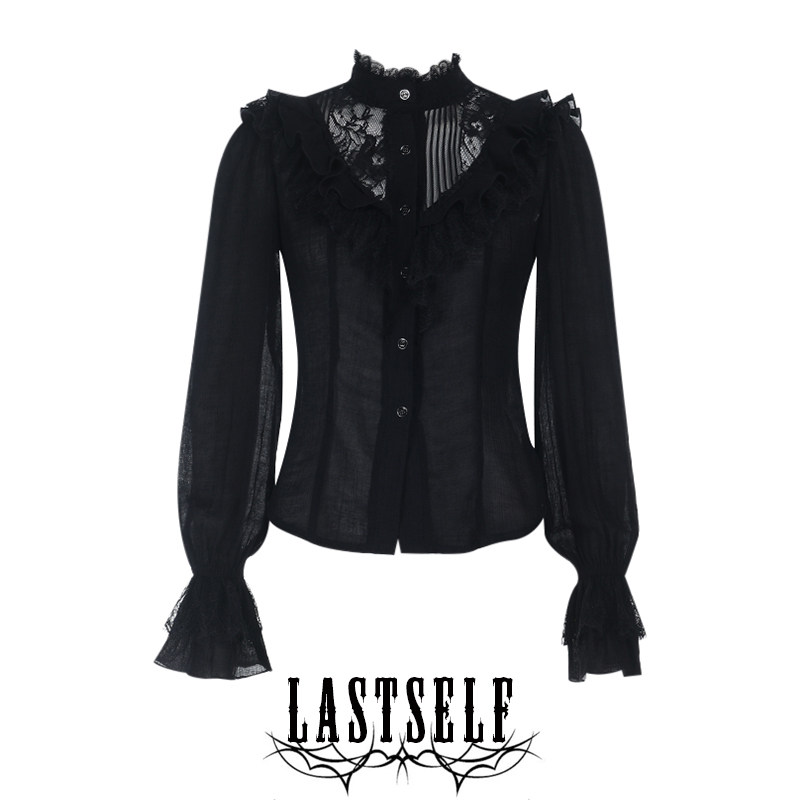 Lastself - Fallen Aristocratic Gothic Retro Lace-Trimmed V-Neck Ruffled Long-Sleeve Shirt for Women - Elegant Top