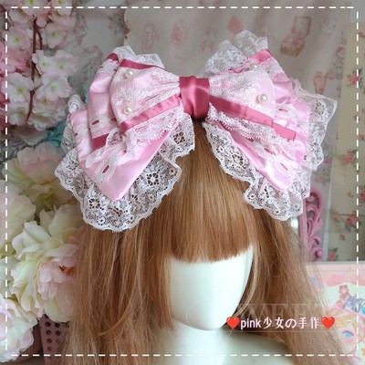 taobao agent 包邮原创lolita手作 ah丝绒蛋糕粉色蕾丝蝴蝶结大kc蕾丝doll发箍