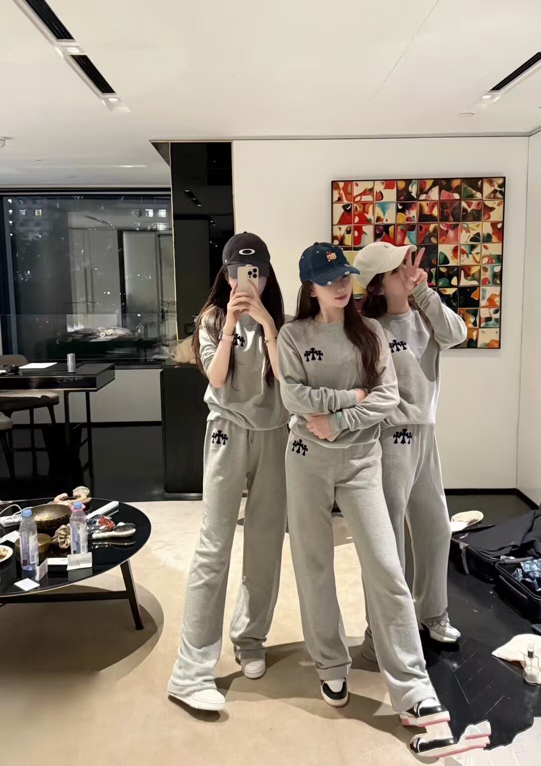 Nanyou high-quality spot trendy brand Sanskrit letter printing cross flocking pure cotton trousers gray casual pants