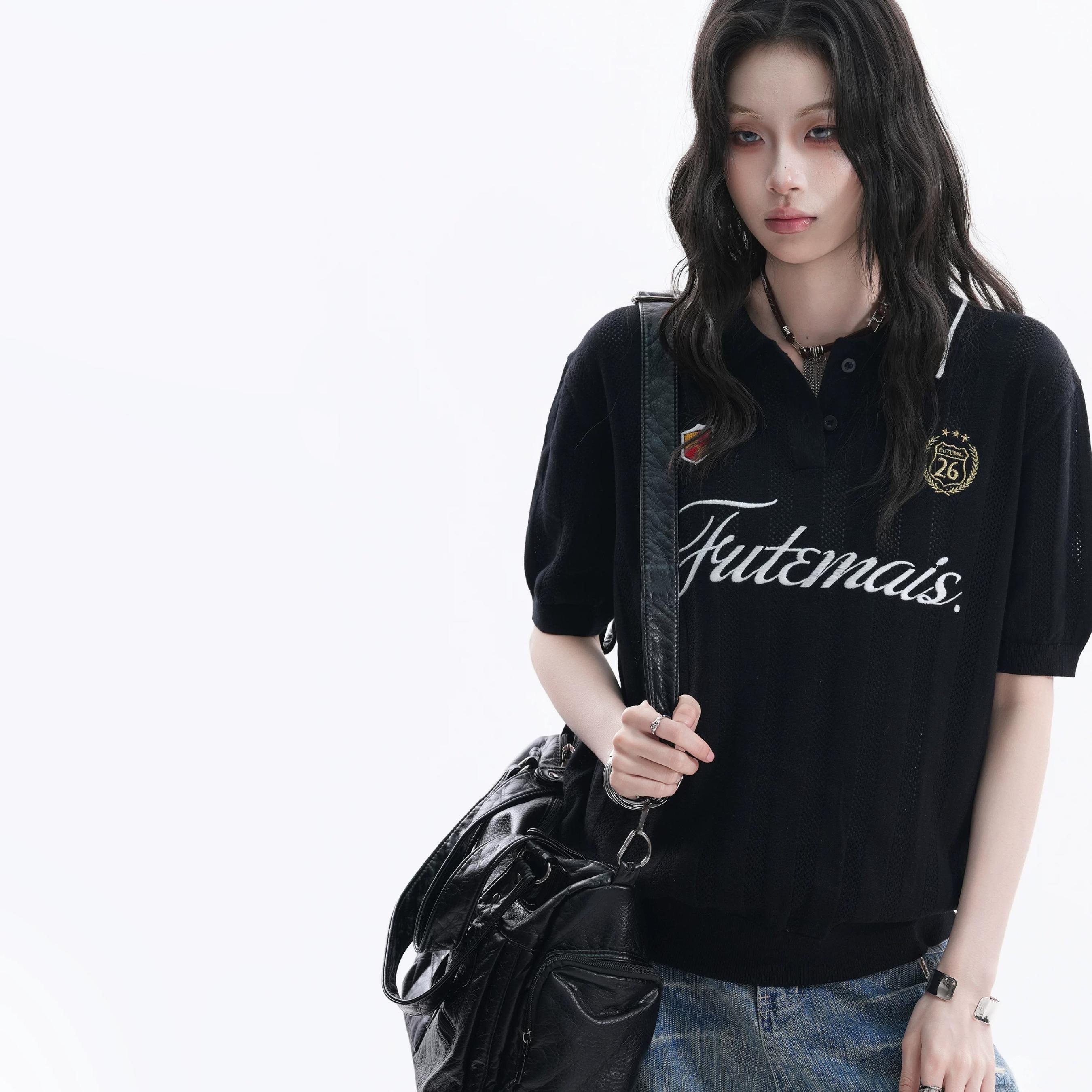 American retro embroidered hollow-out black polo shirt, short-sleeved unisex breathable sports short-sleeved off-white T-shirt