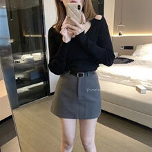 Paired with a belt, gray suit skirt, women's spring new high waisted slimming wrap hip short skirt, anti glare A-line skirt