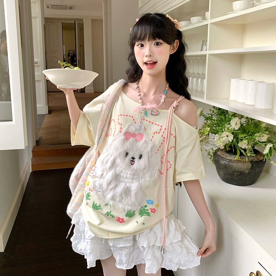 Mdada milk sweet girl art новорожденный плюшевый щенок, вышитая милая футболка с короткими рукавами, свободный топ без бретелек