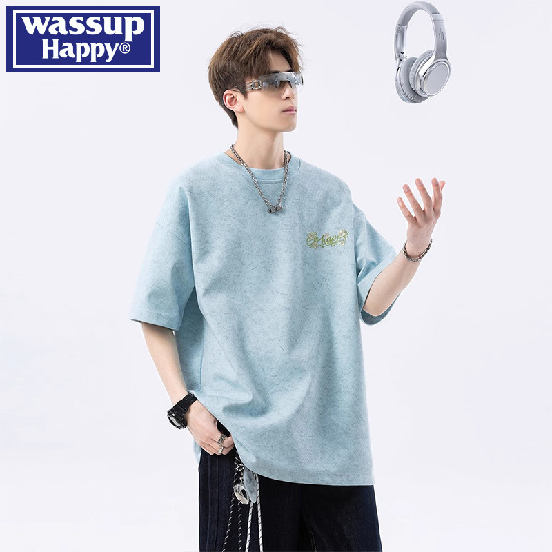 футболка с короткими рукавами и вышивкой wassup happy, мужская летняя тонкая футболка свободного кроя с песочной отделкой, молодежный повседневный топ с короткими рукавами